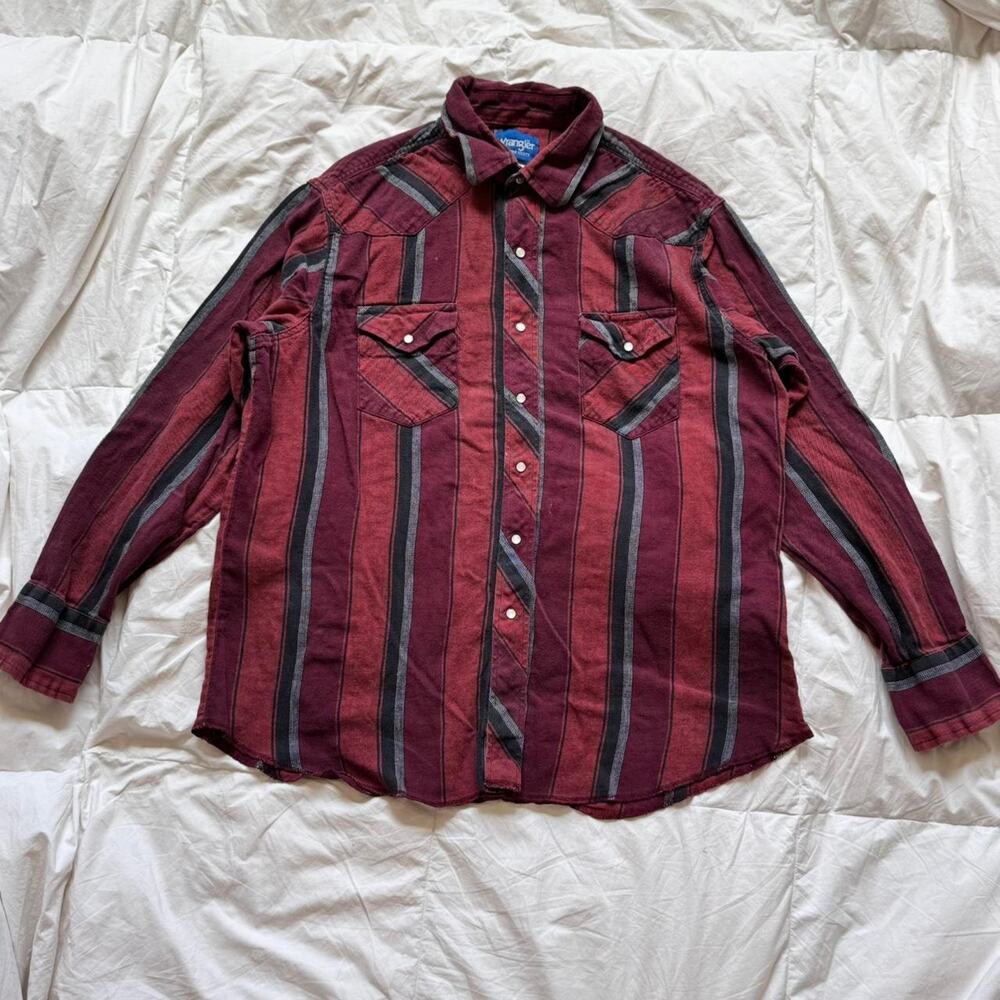 vintage‎ wrangler distressed Striped pearl snap western flannel shirt sz XL